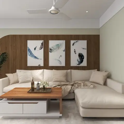 Render of a living room with a beige L-shaped sectional against an arched wood-panelled wall, a three-piece feather-print gallery wall