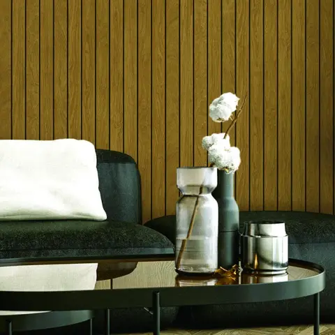 Render of a living room with a dark green modular sofa, black fluted wood wall panelling
