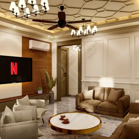 Render of a living room with a hexagonal coffered ceiling and cluster chandelier, a fluted-panel TV wall, wainscoted side walls