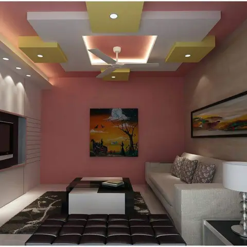 Render of a living room with a multi-tier yellow-and-white POP false ceiling, a coral accent wall with framed art, and a cream sofa set.
