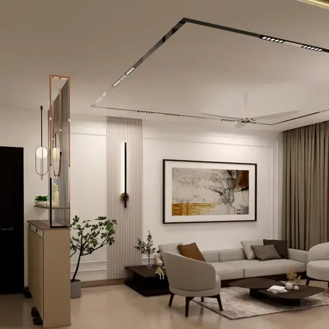 Render of a living room with a linear profile-lit pop ceiling, fluted wall panelling, a large abstract wall art piece