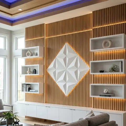 Render of a living room with a fluted wood slat feature wall, a geometric diamond wall art panel, and blue-lit cove ceiling detailing above a grey sofa.