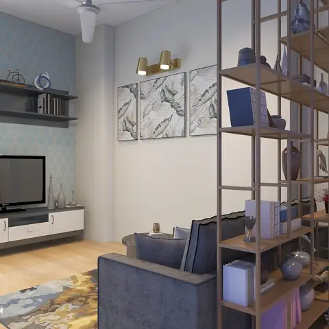 Render of a living room with a light-blue quatrefoil wallpaper TV wall, a botanical wall-art triptych and an open wood-frame shelving unit styled with decor.