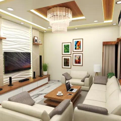 Render of a living room with a 3D wave-panel TV wall, a wood-inset cove ceiling with crystal chandelier, a cream sofa