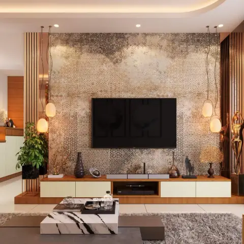 Render of a living room with a large patterned textured TV feature wall, warm brass pendant lights, a wood-and-mint TV console