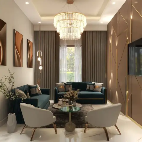 Render of a living room with teal velvet sofas and cream swivel armchairs around a marble coffee table, a tiered crystal chandelier overhead