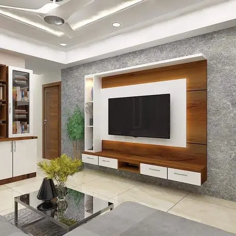 Render of a living room with a grey stone-clad TV wall, a wood-and-white floating TV unit, and an open bookshelf with a glass-front display cabinet.