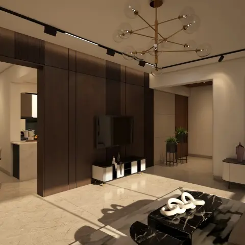 Render of a living room with a dark fluted-wood TV feature wall, a brass sputnik chandelier, a black marble coffee table