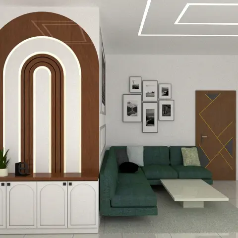 Render of a living room with an arched wood veneer wall niche framed in LED light, a green boucle sectional sofa, and internal doors with geometric brass inlay.