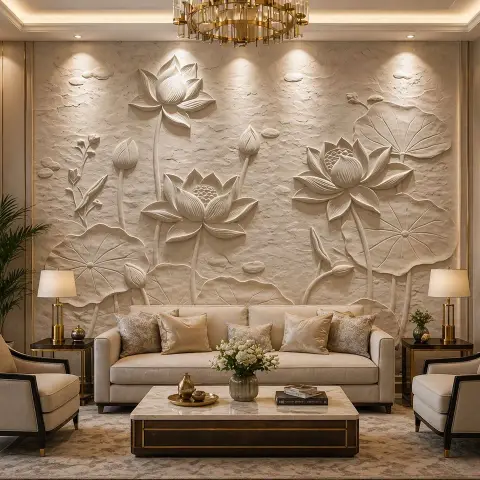 Render of a living room with a large sculpted lotus-flower bas-relief feature wall, a beige sofa set with brass-trimmed side tables, and a crystal chandelier.