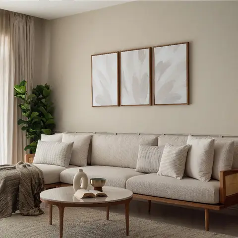 Render of a living room with a beige cane-and-wood sectional sofa, triptych framed wall art, a round wood coffee table, sheer curtains