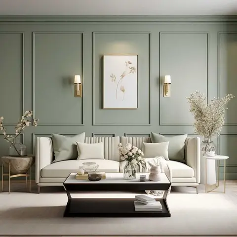 Render of a living room with a sage-green raised-panel moulding wall, brass wall sconces flanking framed botanical art