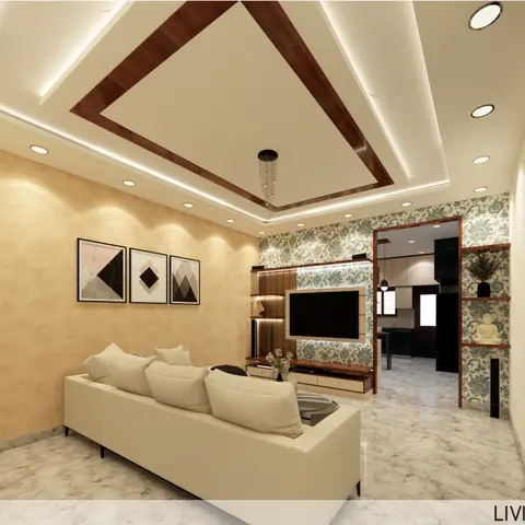 Render of a living room with a diamond-shaped wood-trimmed POP ceiling, a backlit TV unit against floral wallpaper, and a textured accent wall with framed art.
