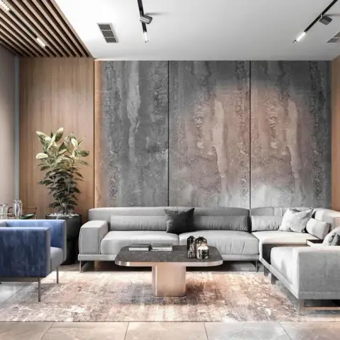 Render of a living room with a large-format grey and rose stone slab feature wall, a wood slat ceiling strip, a grey L-shaped sectional sofa