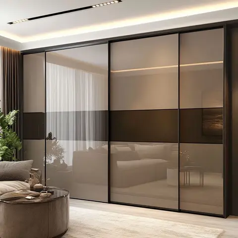 Render of a living room with a smoked bronze-glass sliding wardrobe wall reflecting a taupe sofa, a round coffee table, and sheer curtains.