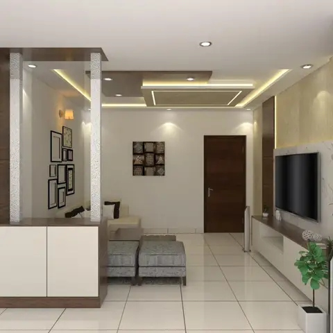 Render of a living room with a gold-and-marble TV feature wall, a cream sofa with grey ottomans