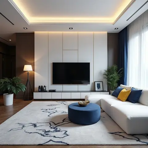 Render of a living room with a white gold-trimmed TV panel wall, a cream sectional sofa with navy and mustard accent pillows
