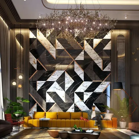 Render of a living room with a dramatic black-and-white marble geometric feature wall inlaid with brass, a mustard yellow sofa