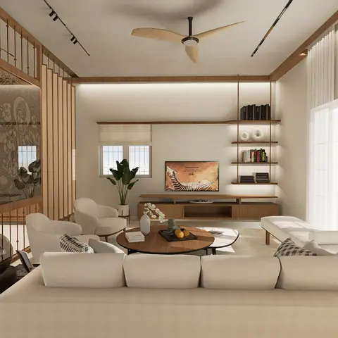 Render of a living room with a cane-slat partition screen featuring a traditional mural panel, a fluted wood TV console