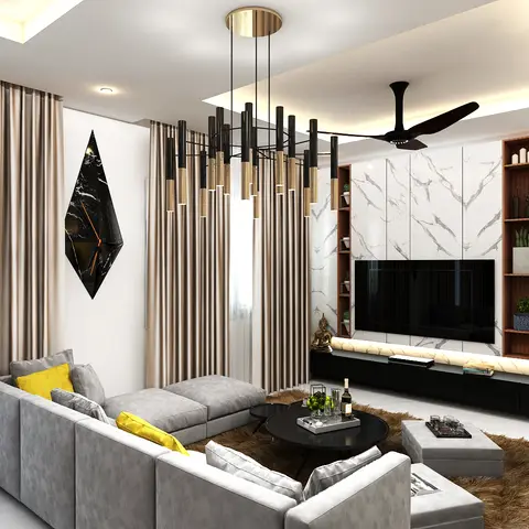 Render of a living room with a marble-clad TV wall flanked by wood display shelving, a dramatic multi-drop pendant chandelier