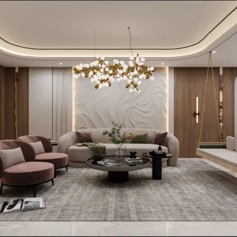 Render of a living room with a curved boucle sofa and blush pink armchairs beneath a gold bubble-cluster chandelier, a sculptural 3D textured wall panel