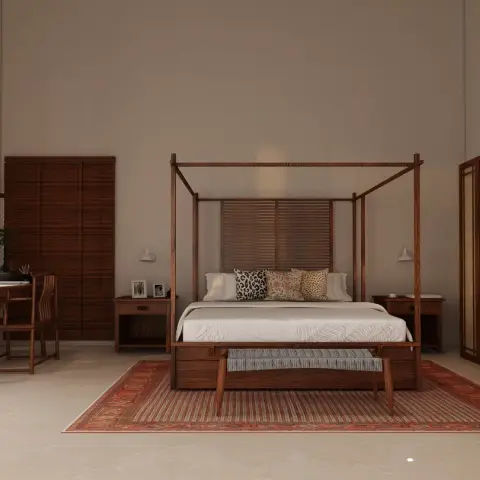 Render of a lofty bedroom with a wood four-poster canopy bed, a slatted wardrobe and screen, a patterned rug and a writing desk in the corner