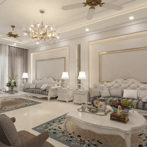 Render of a long formal drawing room with two mirrored sets of carved white-and-gold sofas, each on its own floral-bordered rug