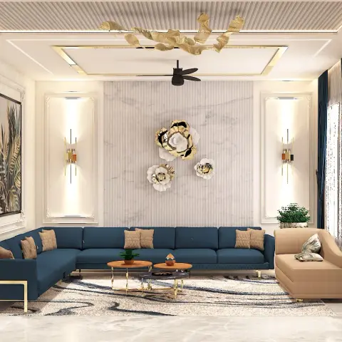 Render of a long formal living room where gold-and-white floral sculptures sit on a marble-and-fluted feature wall above a nine-seat teal quilted sofa
