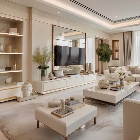 Render of a long ivory living room where a mirror-framed TV sits on a white lacquer console with brass reveals, flanked by lit open shelving