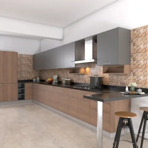 Render of a long L-shaped kitchen where wood-finish base units and grey wall cabinets run against split-face stone brick cladding