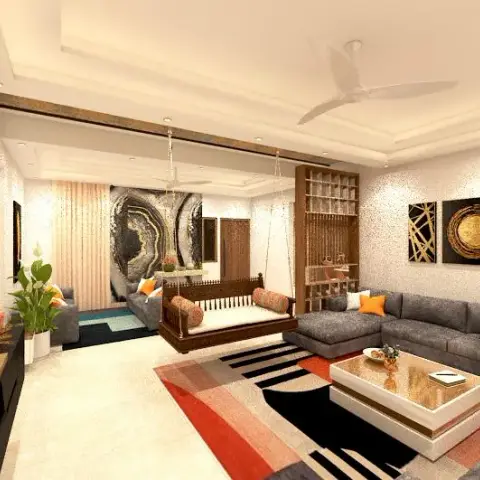 Render of a long living room where a wooden jhula swing hangs in front of an agate-print feature wall, with a grey L-sofa, orange cushions