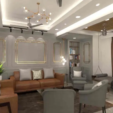 Render of a long living room with tan leather sofas facing grey wingback chairs, a grey panelled feature wall inlaid with gold frames