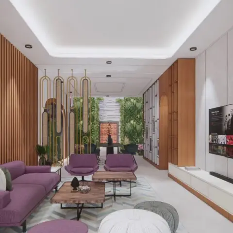 Render of a long living room with plum sofas and armchairs on a chevron rug, a fluted teak slat wall facing a TV on textured grey plaster
