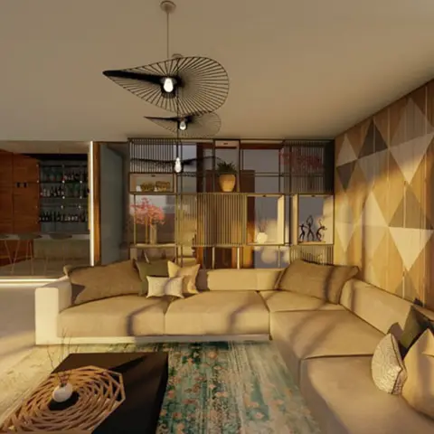 Render of a long living room in low raking sunlight, with a diamond-patterned wood veneer wall, twin wire-disc pendants