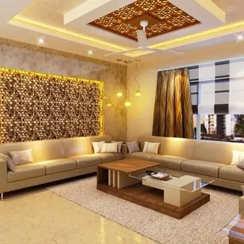 Render of a long living room where a backlit 3D-textured feature panel runs behind a cream leather sectional