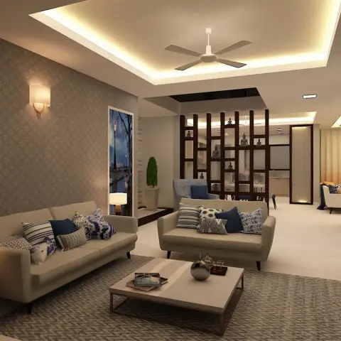Render of a long living room with a taupe embossed-damask wallpaper wall, a dark wood open-grid partition holding Buddha figurines that screens the dining