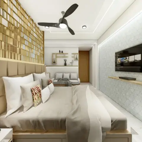 Render of a long narrow bedroom with a gold mirror-mosaic band running the length of the wall above a beige panelled headboard