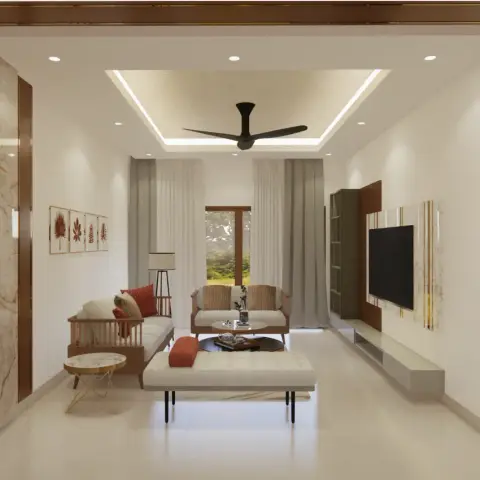 Render of a long narrow living room entered through a teak portal with backlit onyx side panels, a rectangular cove-lit ceiling and black fan overhead