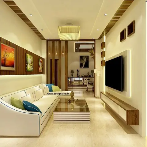 Render of a long narrow living room where a white leather sofa with blue piping sits against a wood-slat wall of three landscape canvases