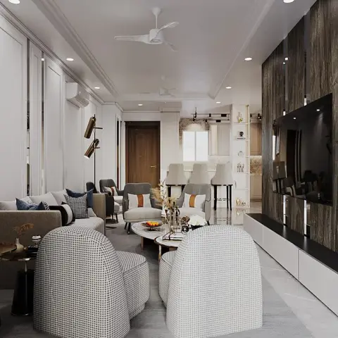 Render of a long white living room with moulded wall panels and mirror slivers down one side, a dark marble-clad TV wall and low white console on the other