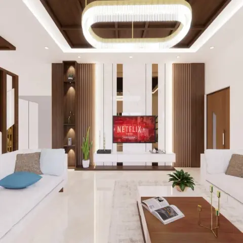 Render of a long white living room with two facing cream sofas and teal cushions, a coffered walnut ceiling carrying one oval fluted chandelier