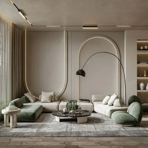 Render of a lounge where one continuous LED line traces a giant arch across a microcement wall, with modular cream-and-sage seating