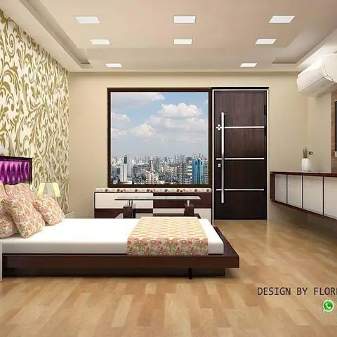 Render of a low platform bed with a purple button-tufted headboard against gold damask wallpaper, facing a city-skyline window and a dark flush door.