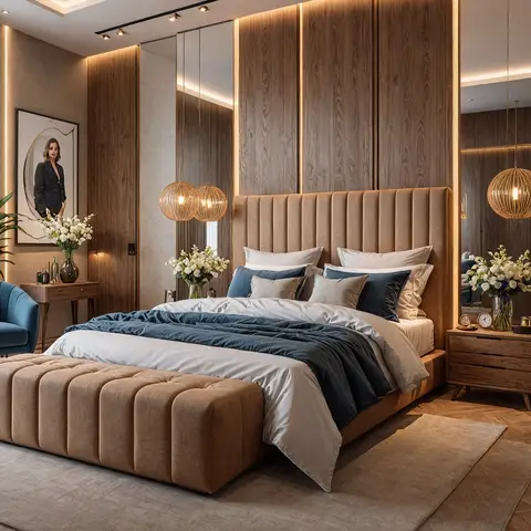 Render of a luxury bedroom with a channel-tufted tan velvet bed and matching bench, a wood-panelled headboard wall, rattan sphere pendant lights