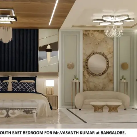 Render of a luxury bedroom with a navy channel-tufted upholstered headboard wall, a wood-strip cove ceiling under a crystal chandelier