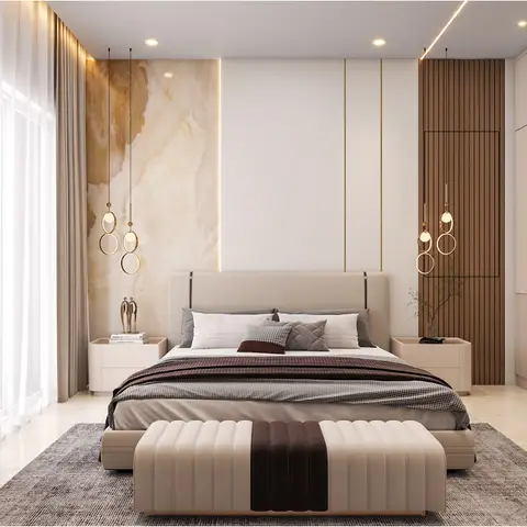 Render of a luxury bedroom with a backlit onyx-marble accent wall, twin gold ring pendant lights, a channel-tufted beige bed and bench