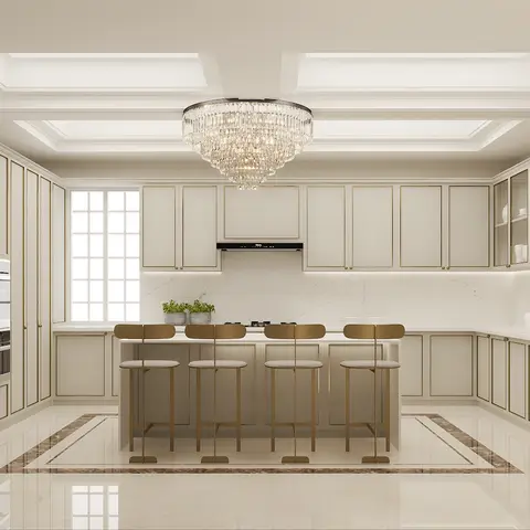 Render of a luxury classic kitchen with an island seating four, cream gold-trimmed shaker cabinetry, a crystal chandelier