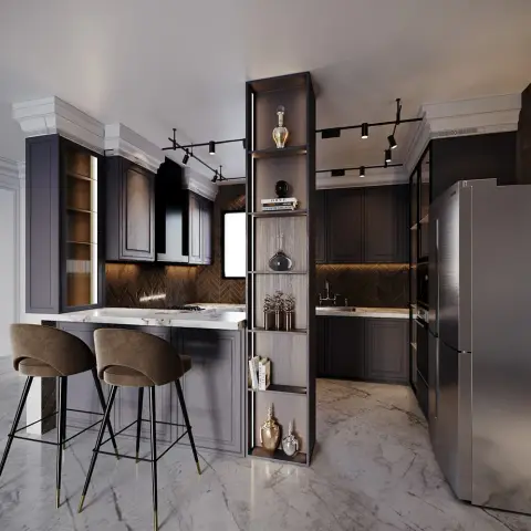 Render of a luxury kitchen with charcoal shaker cabinetry, a herringbone dark-wood backsplash, a marble breakfast counter with velvet bar stools