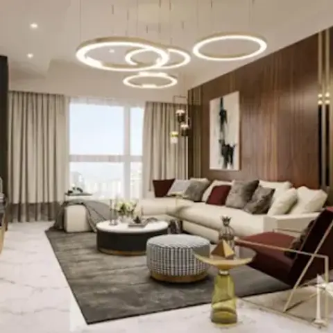 Render of a luxury living room with tiered circular ring pendant lights, a fluted wood-and-brass accent wall
