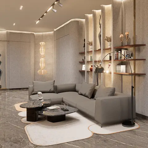 Render of a luxury living room with a curved textured plaster wall, a staggered wood shelf styled with global art objects, a grey sectional sofa
